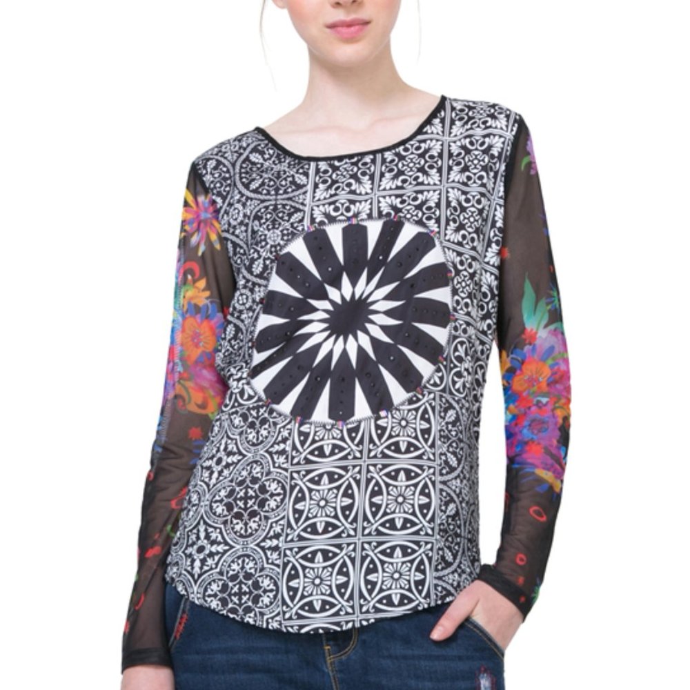 Desigual Mandala Floral Semisheer Long-Sleeve Top